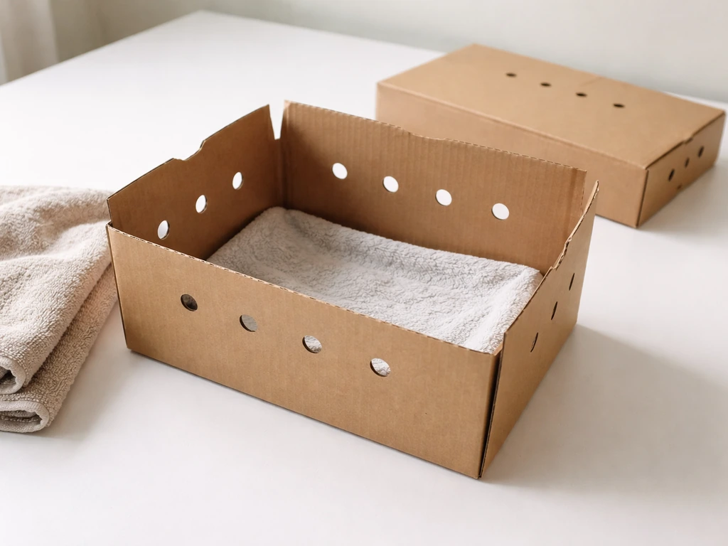 Cardboard box lined for safe transport with ventilation holes and lid ready for a small bird