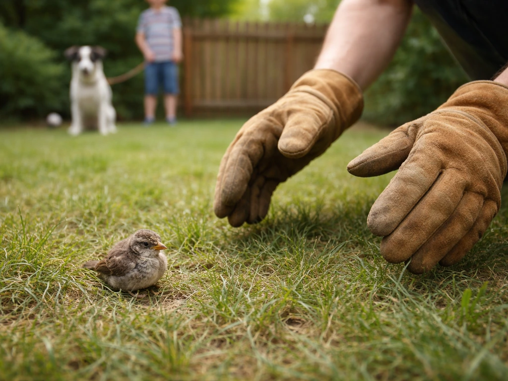 Gloved rescuer gently prepares to approach an injured bird while keeping pets and kids safely away.