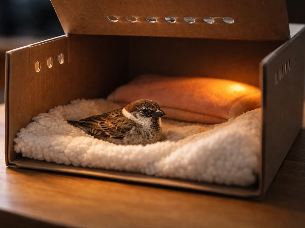 Injured small bird resting in a ventilated darkened rescue box with a safe warming element nearby.