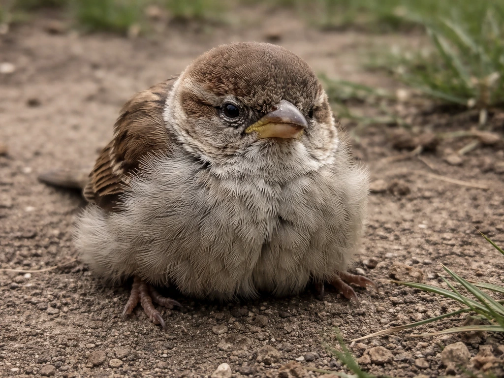 Small wild bird puffed up with eyes half-closed, lying still on the ground in natural light.