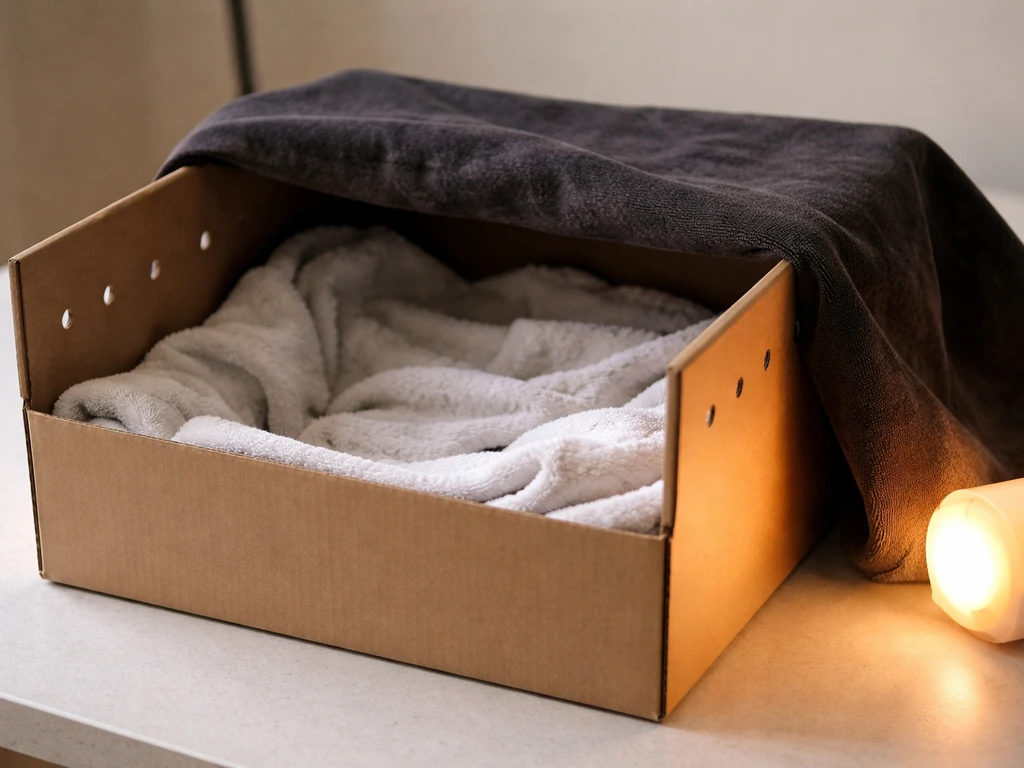 Shoebox lined with soft fabric, warm source nearby, dark cover over it, and small airflow holes for a bird.
