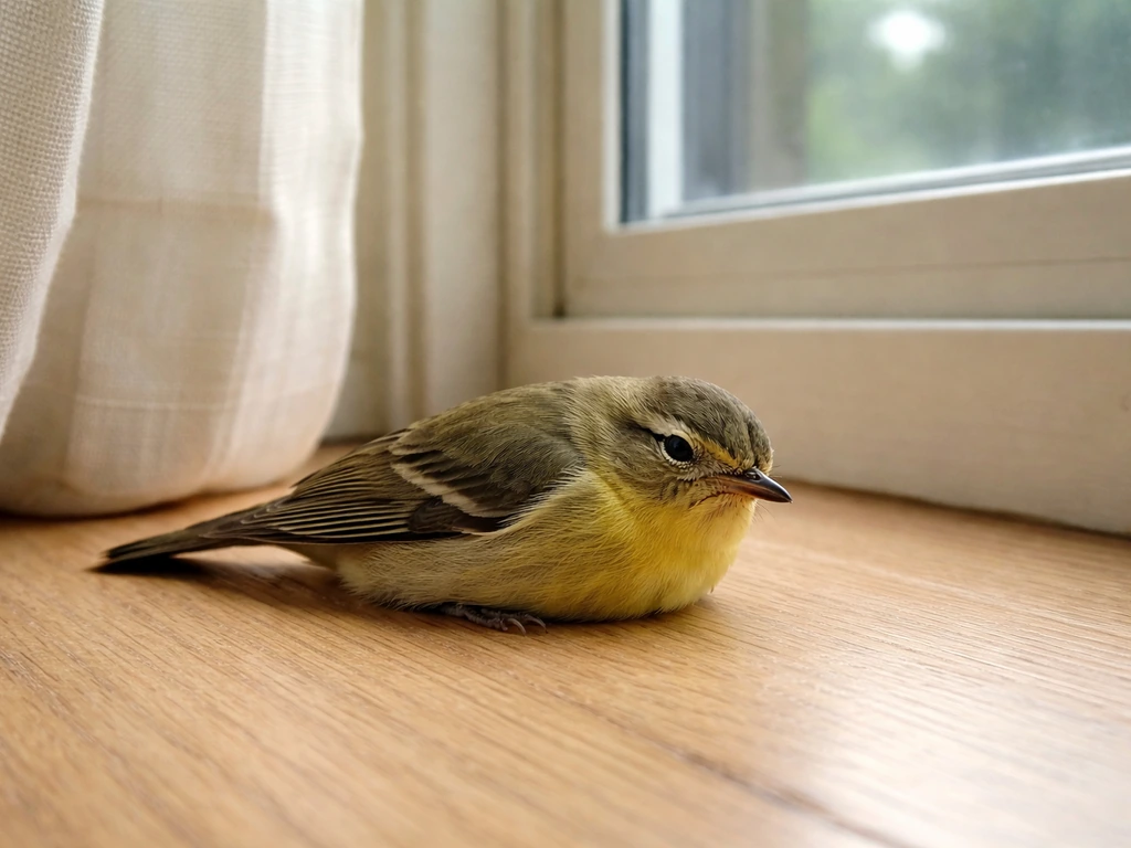 Dazed small bird on the floor beside a sunlit window with nearby curtain and glass pane context.