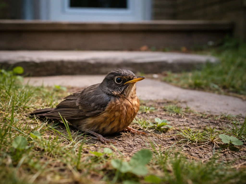 Injured small bird lying on backyard grass near home doorsteps, unable to fly.