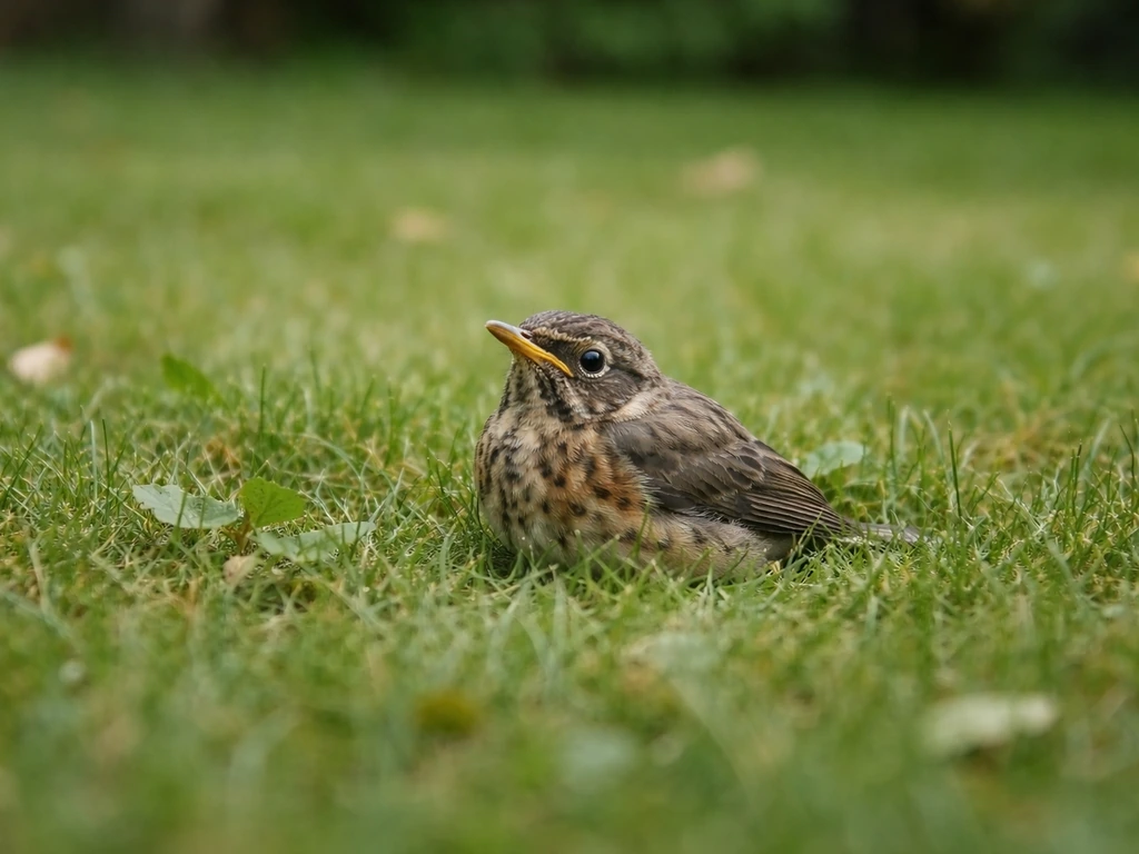 Small fledgling bird resting in backyard grass, photographed from a safe distance while observing quietly.