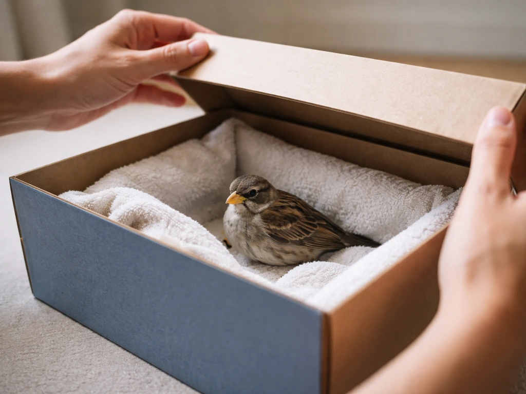 Shoebox recovery container lined with a soft towel, with a small bird safely inside under gentle handling.