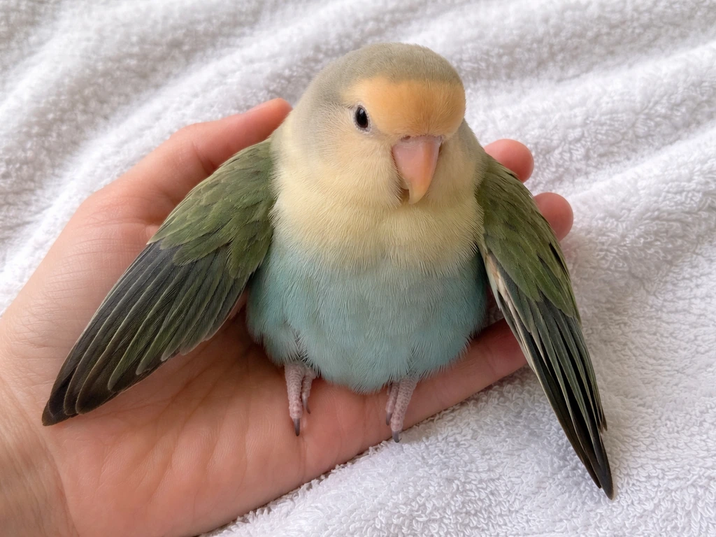 Close-up of a small bird with wings assessed side-by-side by a caregiver’s gentle hand.