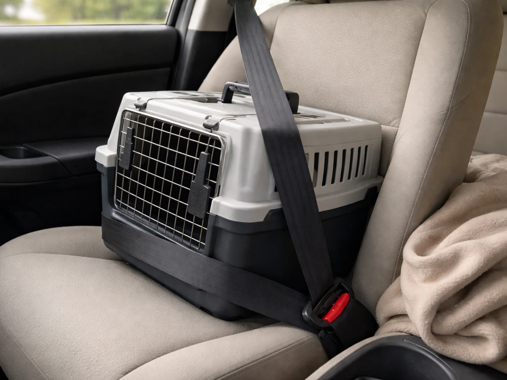 Sturdy transport pet bird box strapped on a car passenger seat, ready for a quiet ride.