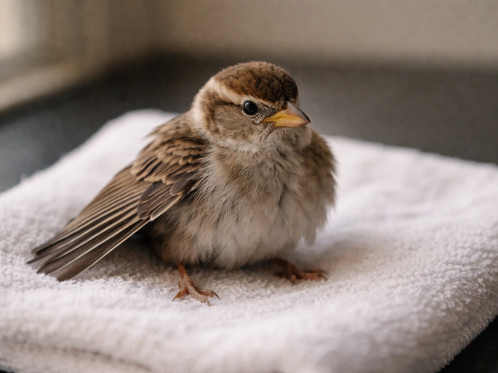 Small bird with left wing held slightly lower, resting on a towel as if receiving first aid