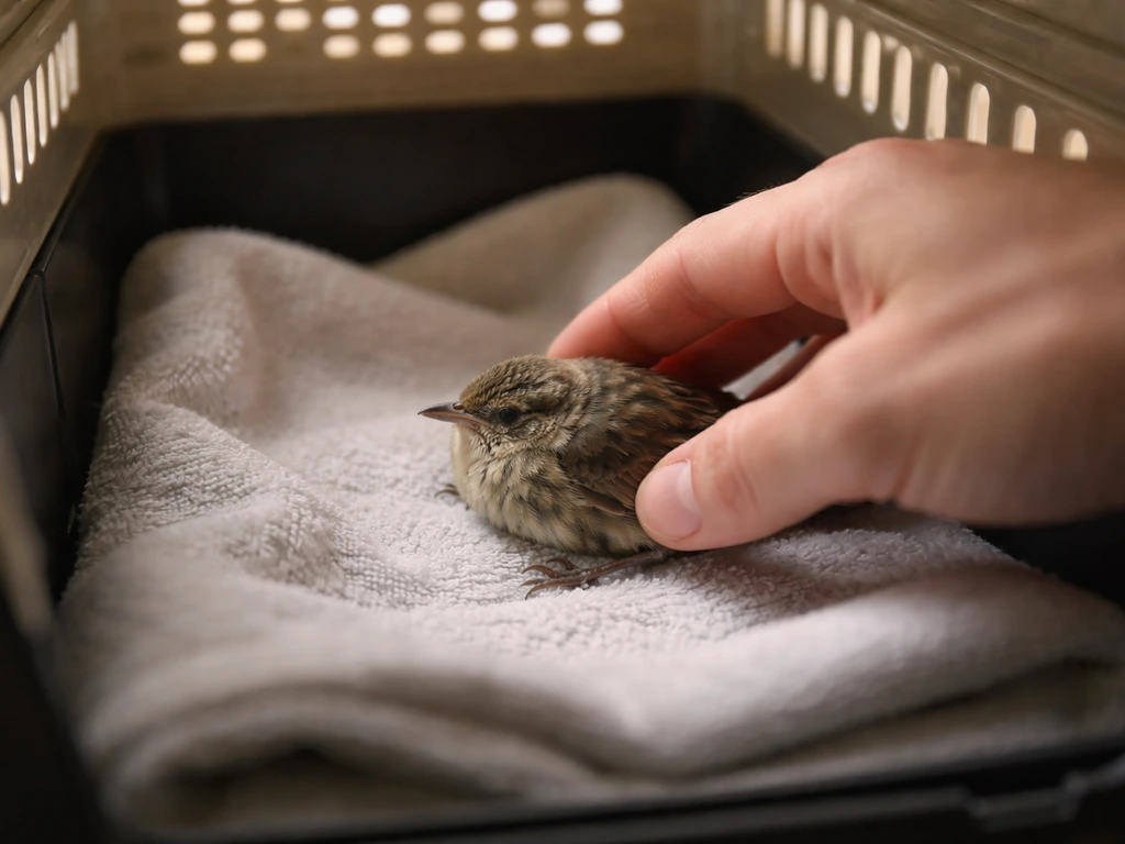 Injured bird placed in a ventilated box lined with a smooth towel for warmth