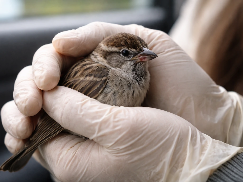 Close-up of a small bird gently held with wings kept against its body for transport