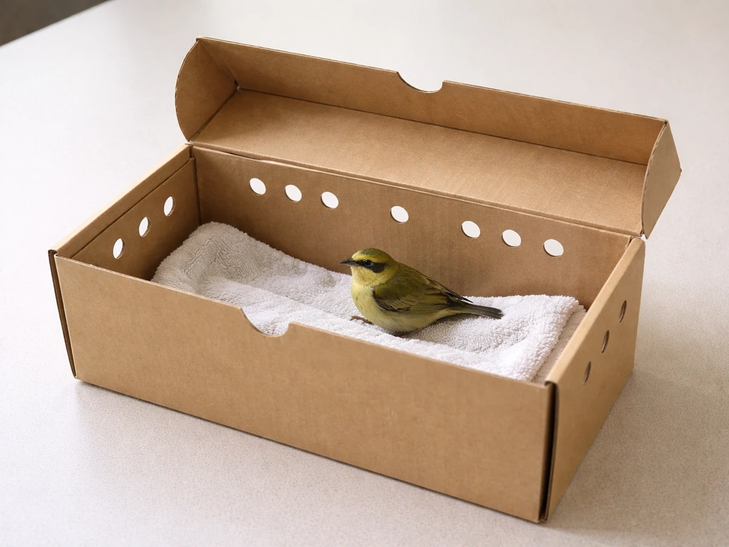 Small bird inside a ventilated cardboard shoebox carrier lined with a towel on a table.