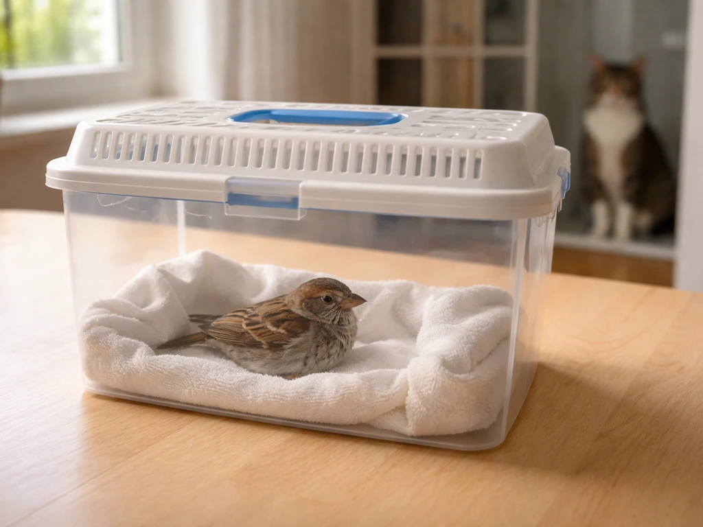 Injured small bird resting in a ventilated box while a cat stays safely separated in the background.
