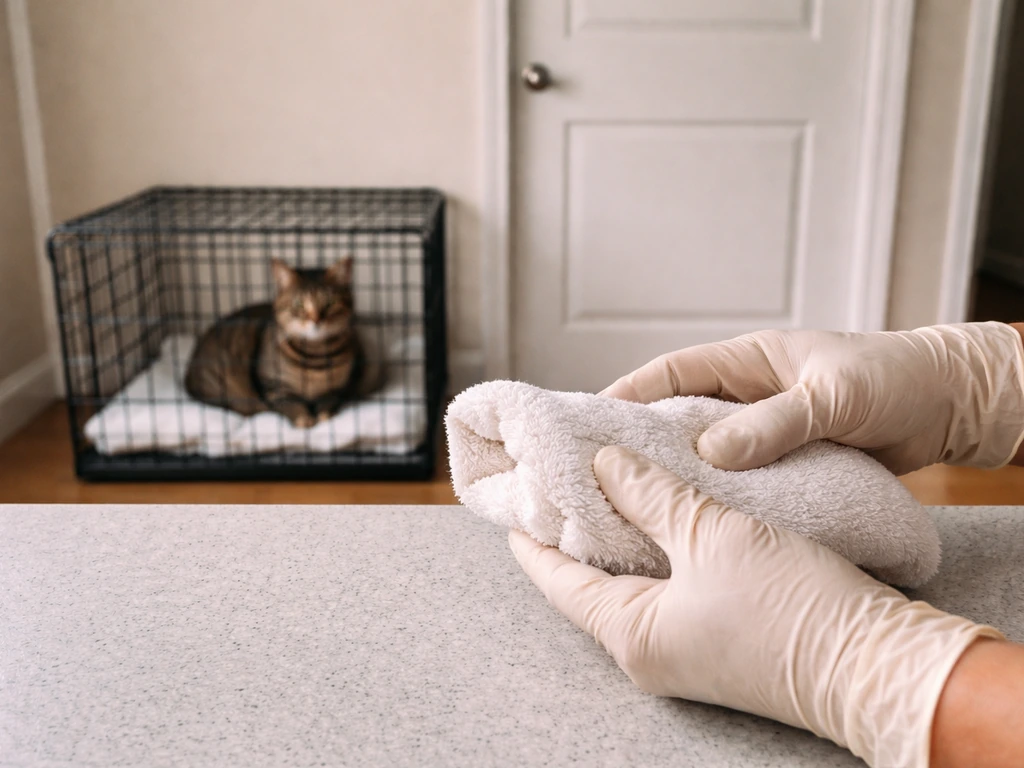 A calm cat secured in a closed carrier in another room while a helper prepares bird care safely.