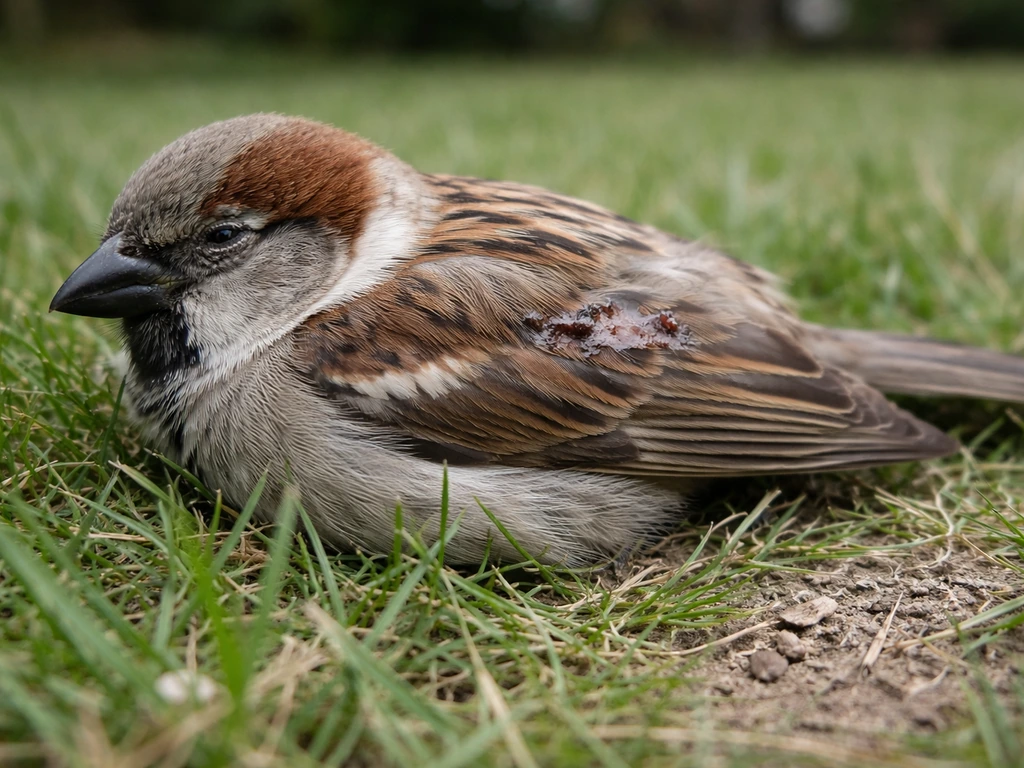 Small bird on grass with minor puncture marks and light claw scratches after a cat attack