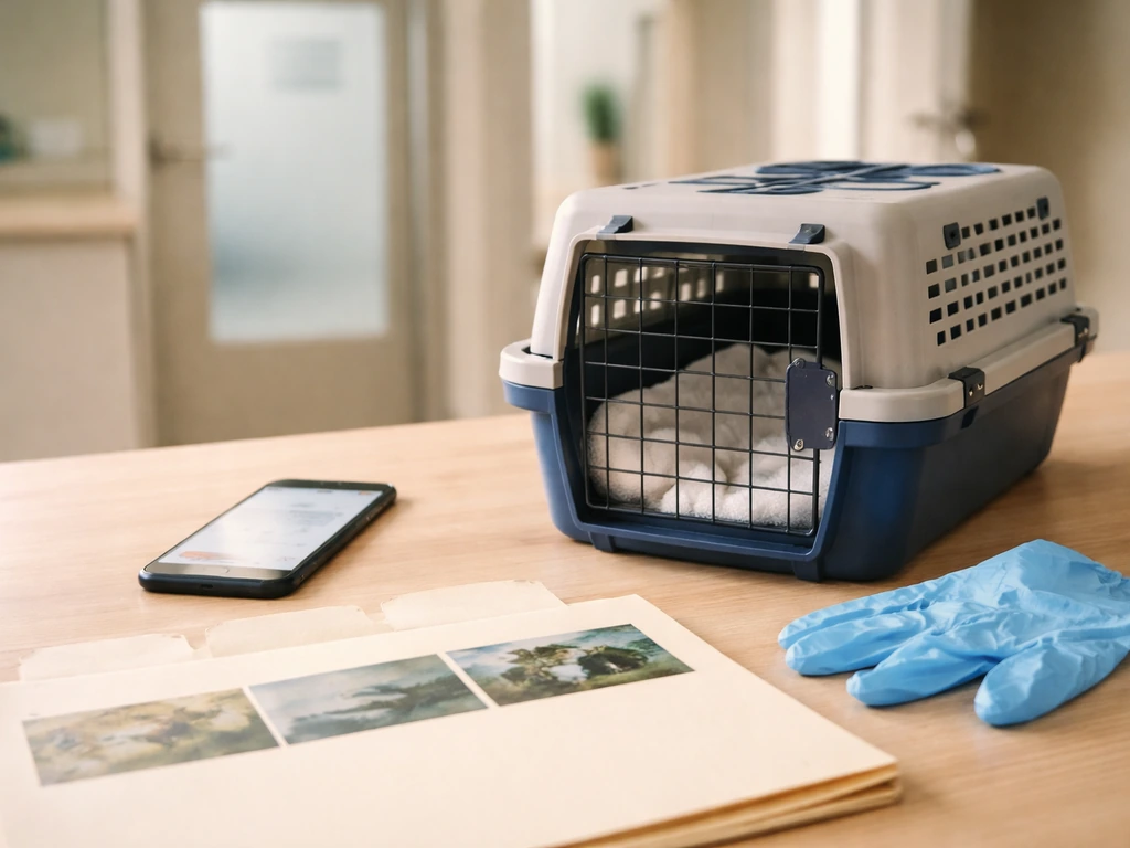 Bird carrier on a table beside a phone and gloves, suggesting choosing between vet and wildlife rescue