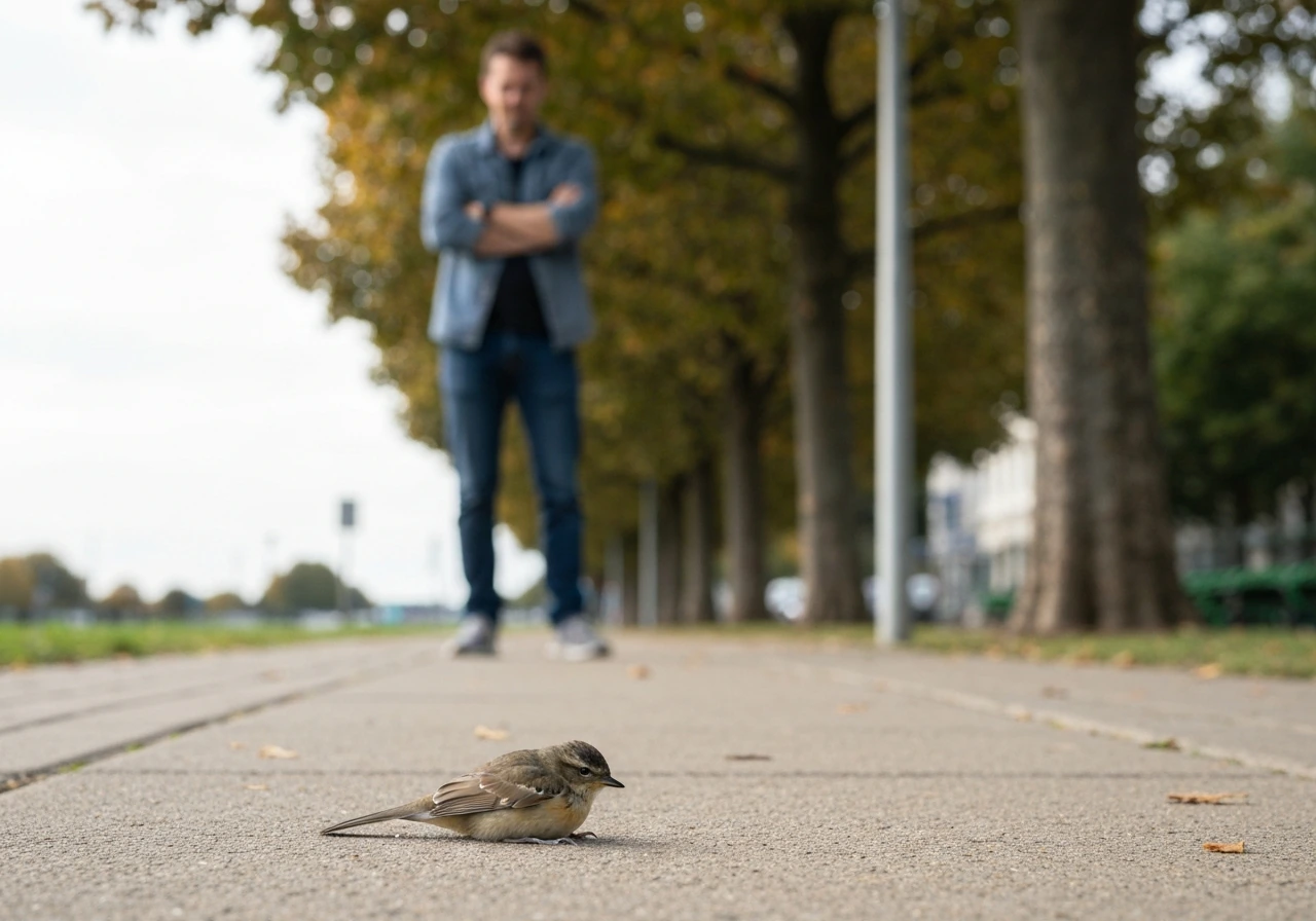 A quiet observer watches a stunned bird on the ground a few feet away