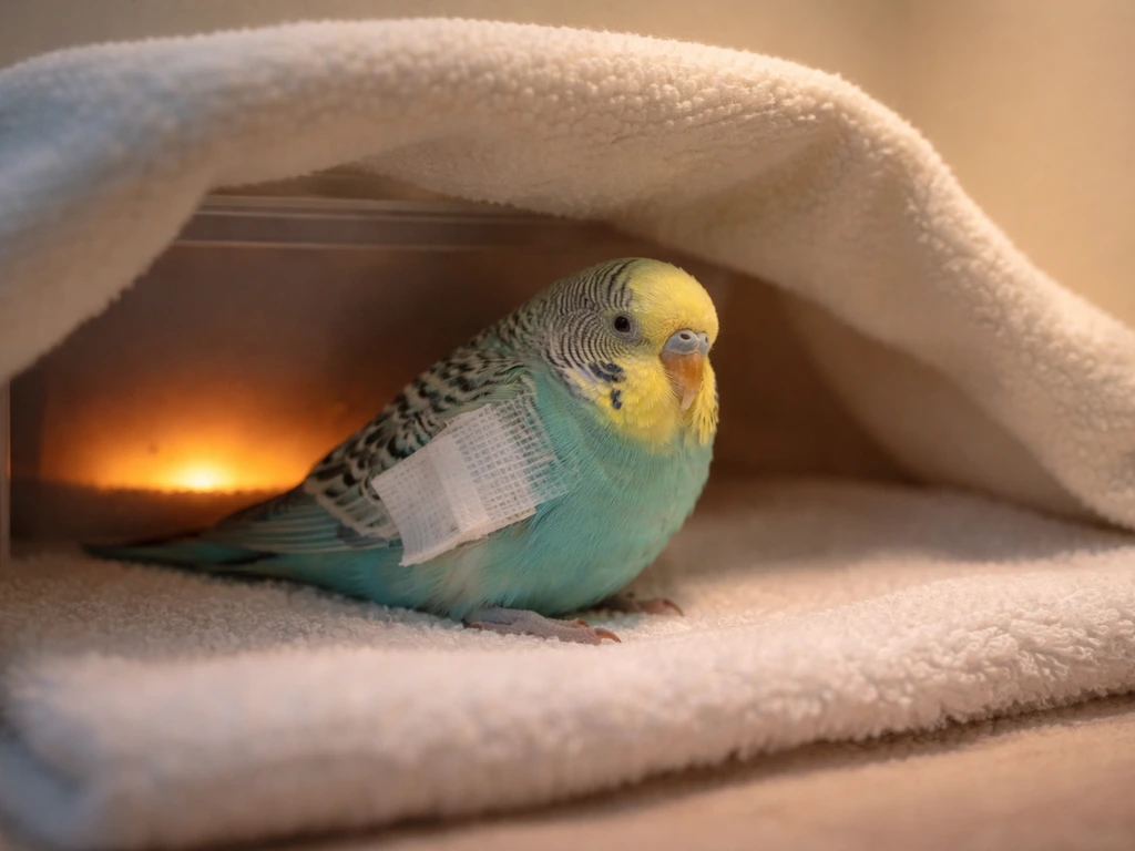 Calm small parakeet resting in a warm towel-lined recovery setup for safe feather-loss first aid