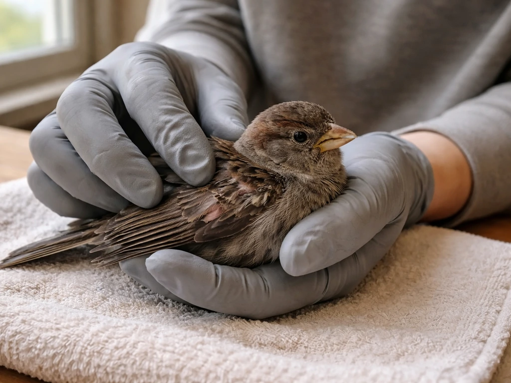 Caregiver’s gloved hands observe a small injured bird in a quiet, safe setting