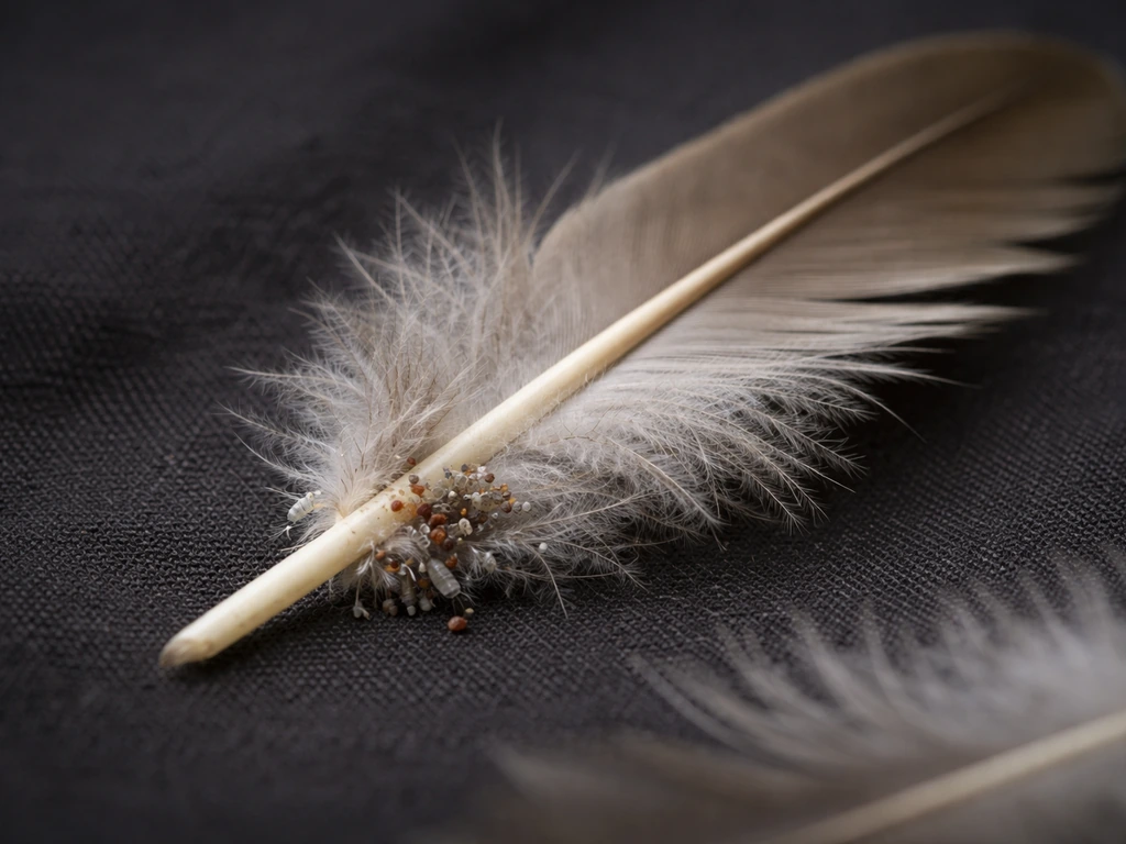 Close-up of a bird feather with tiny ectoparasites around the base and skin area