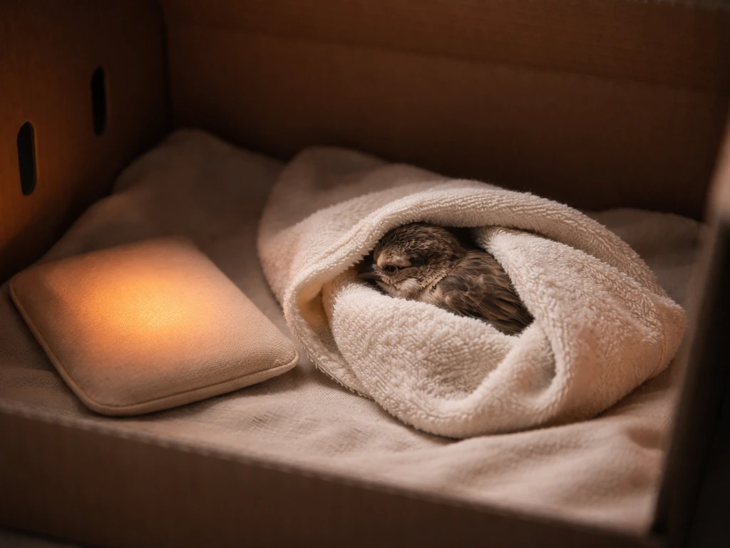 Small bird wrapped in a towel inside a warm, dark carrier for quiet stabilization.