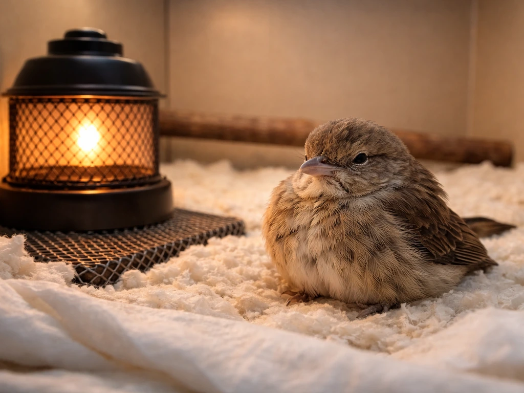 Close view of a small bird resting in a warm, calm recovery enclosure with a visible heating source.