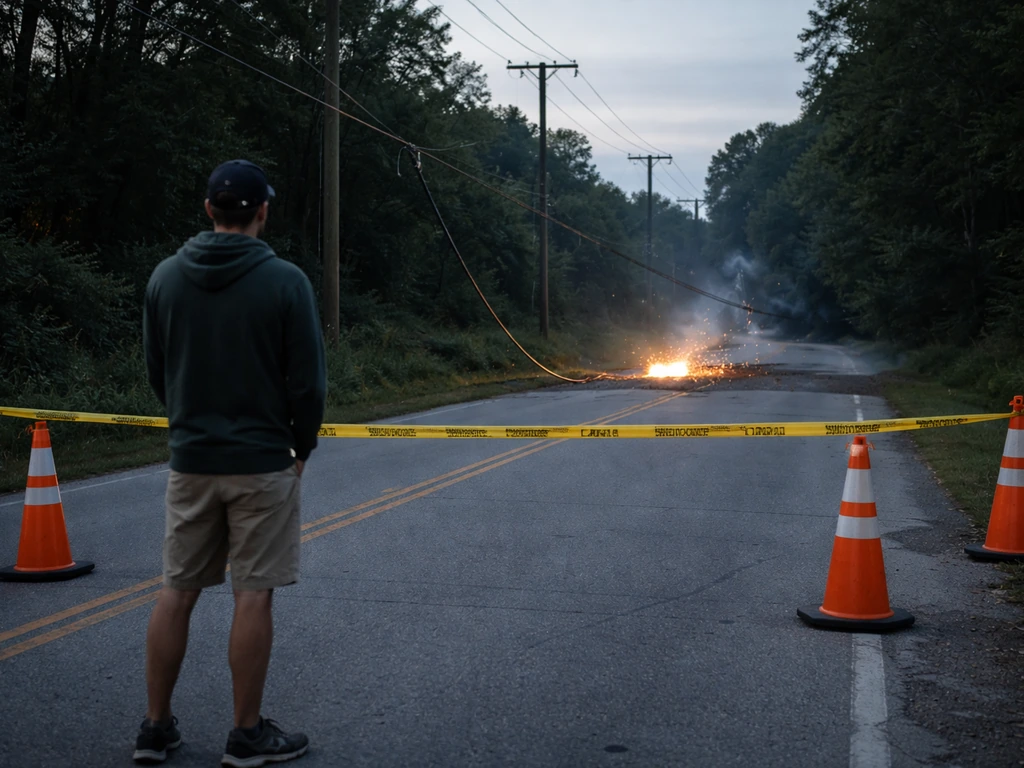 Bystander behind a taped boundary at a distance from a downed power line outdoors at dusk.
