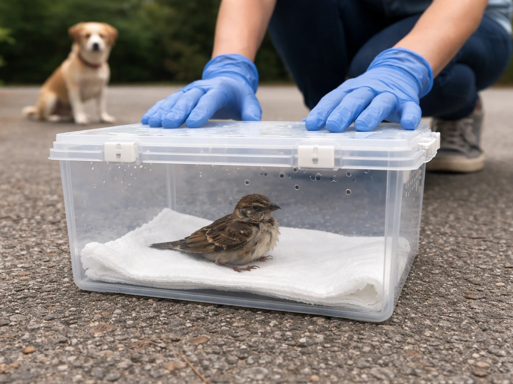 Injured bird in a ventilated box while a gloved person keeps distance from a nearby dog.