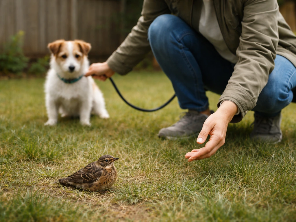 Adult secures a leashed dog away from a small bird on the ground, preparing to get help.