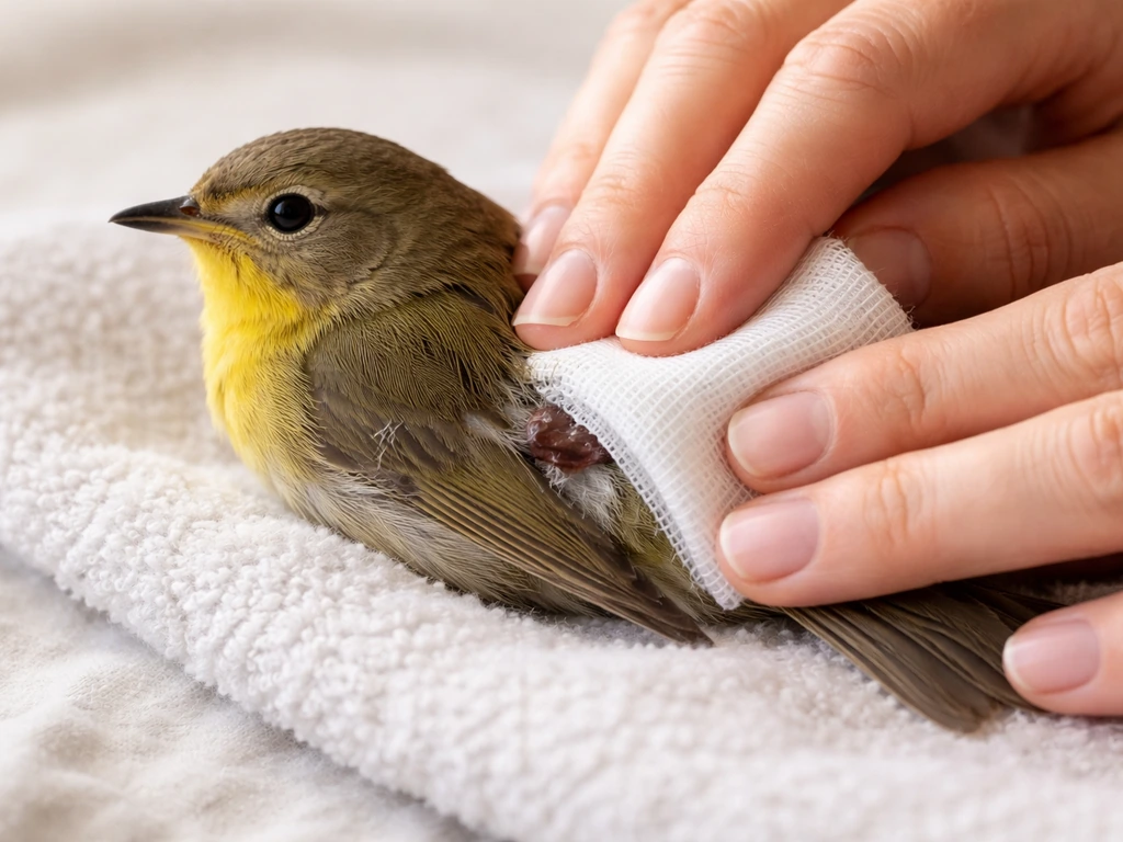 Bird being gently held while clean gauze is pressed on a small bleeding wound on its body