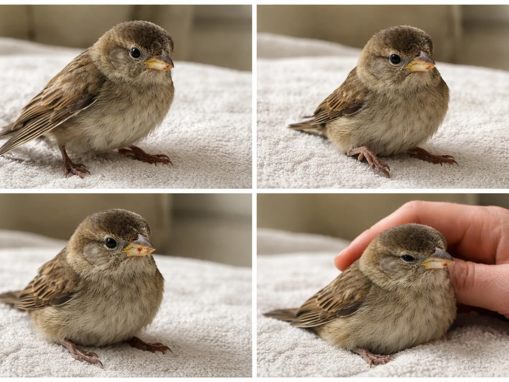 Four separate close-up scenes showing a bird with a drooping wing, injured leg, beak injury, and head trauma.