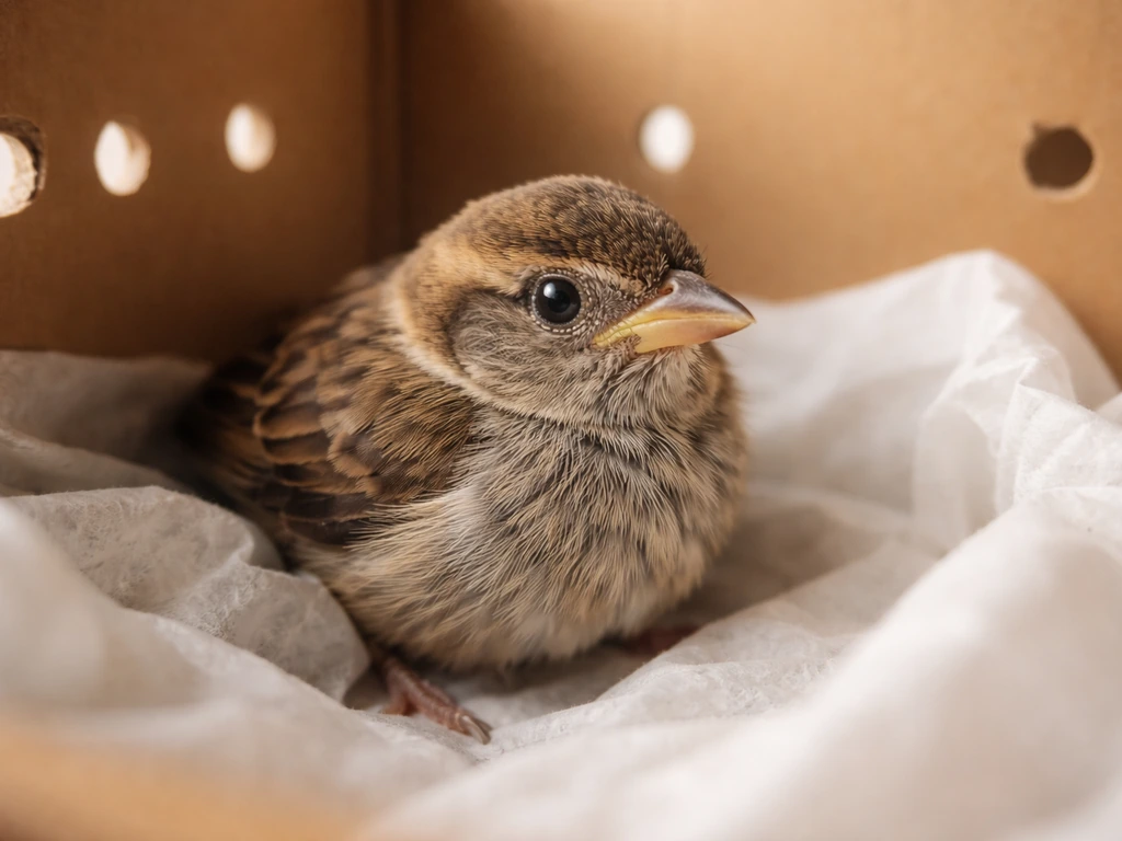 Close-up of a small rescued bird resting in a ventilated cardboard box, eye area clearly visible