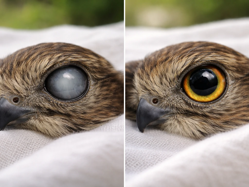 Side-by-side close-ups of a bird’s cloudy vs clear eye on a clean cloth, showing possible vision issues.