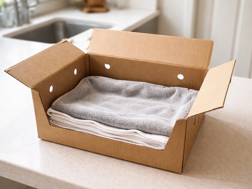 Ventilated cardboard box lined with soft cloth prepared to safely contain a stressed bird