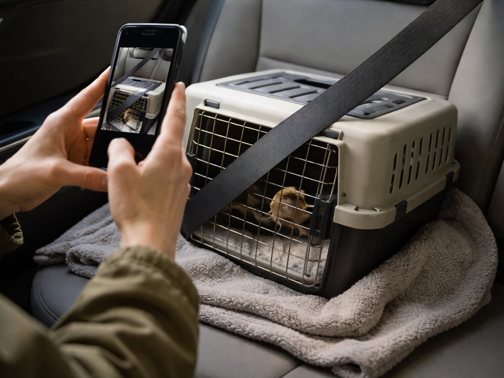 Rescuer securing a wildlife bird transport box on a car seat while taking a quick photo