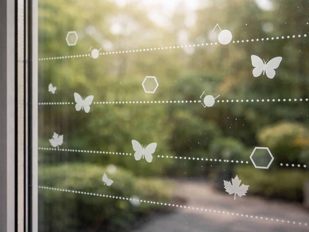 Close-up of bird-safe window decals on glass to help deter collisions.