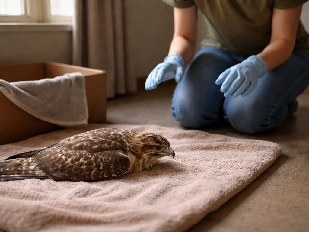 Gloved caregiver watches an injured wild bird from a short distance without touching yet.