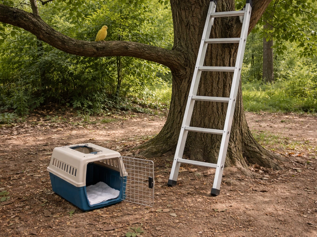 Open travel carrier at a tree base with a ladder nearby and a calm pet bird perched above.