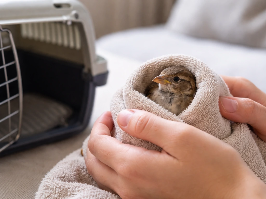 Calm handler holding a small towel-wrapped bird near a carrier for quick safety and injury triage.