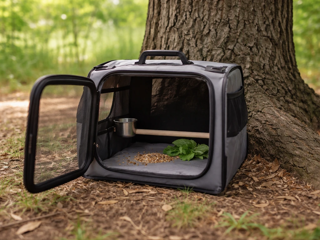 Open pet bird travel carrier at the base of a tree with food inside to encourage the bird to come down.