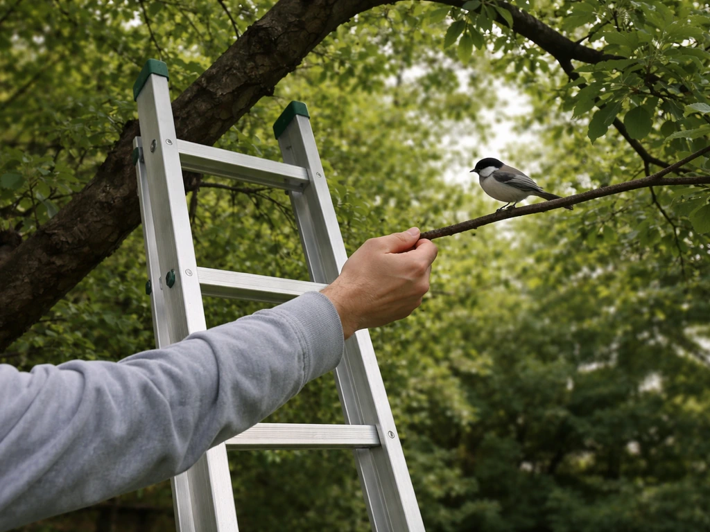 Ladder against a tree with an outstretched forearm and perch stick near a small bird on a branch.