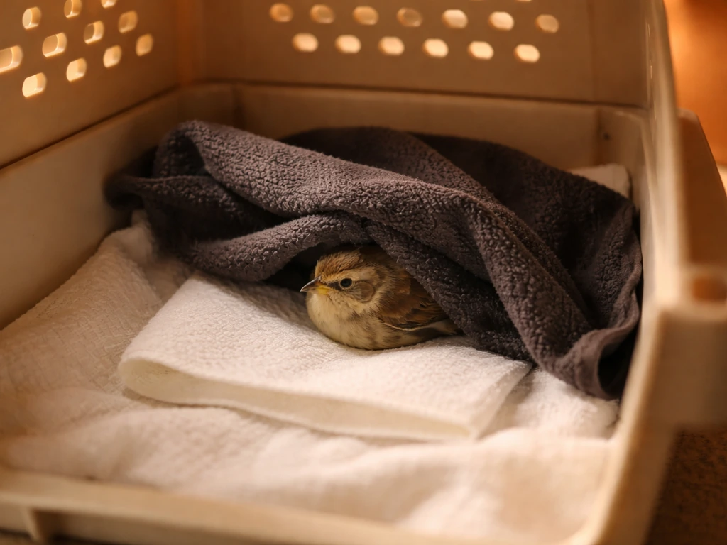 A small wild bird resting in a cloth-lined carrier, partially covered for warmth and darkness.
