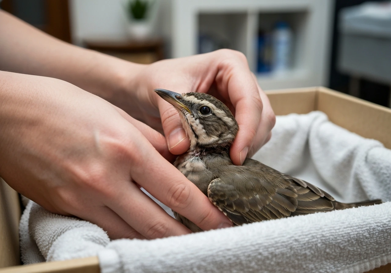 Small wild bird carefully supported in padded hands, suggesting neck injury first aid care.
