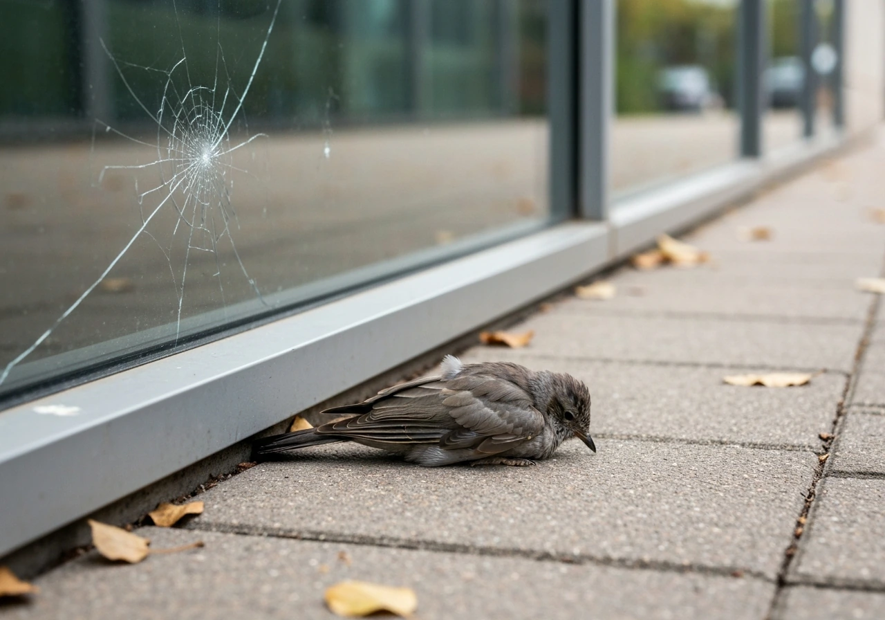 Injured bird on a walkway near a cracked window after a strike, minimal outdoor scene.