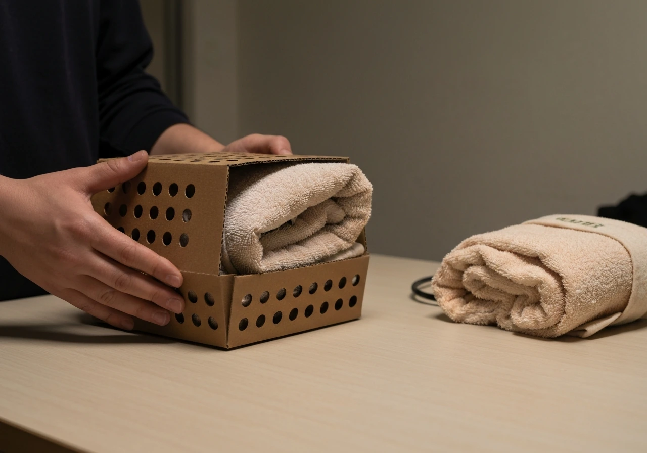 Hand holding a small ventilated box with a warm blanket inside to keep an injured bird still