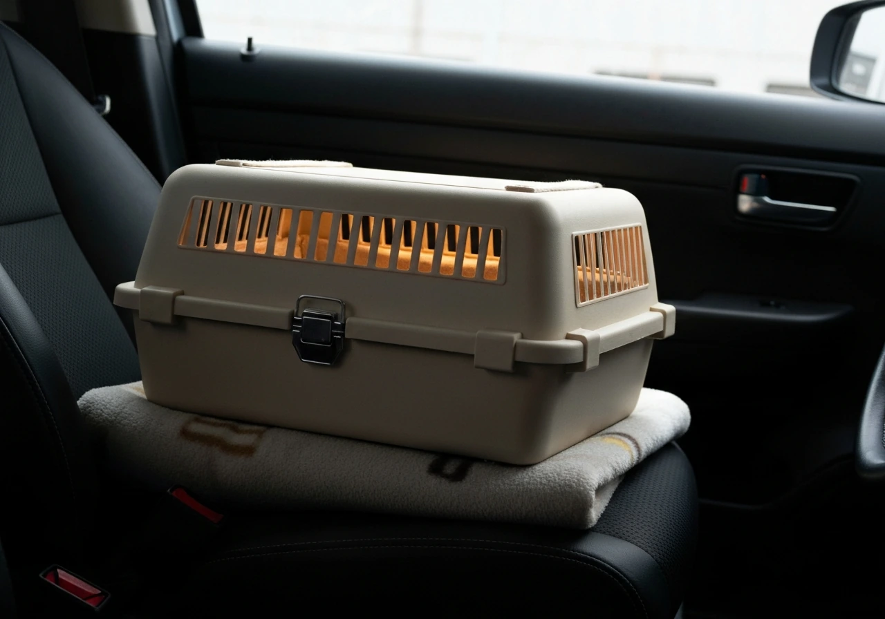 Small bird inside a ventilated carrier box resting on a flat car seat, kept level and stable.