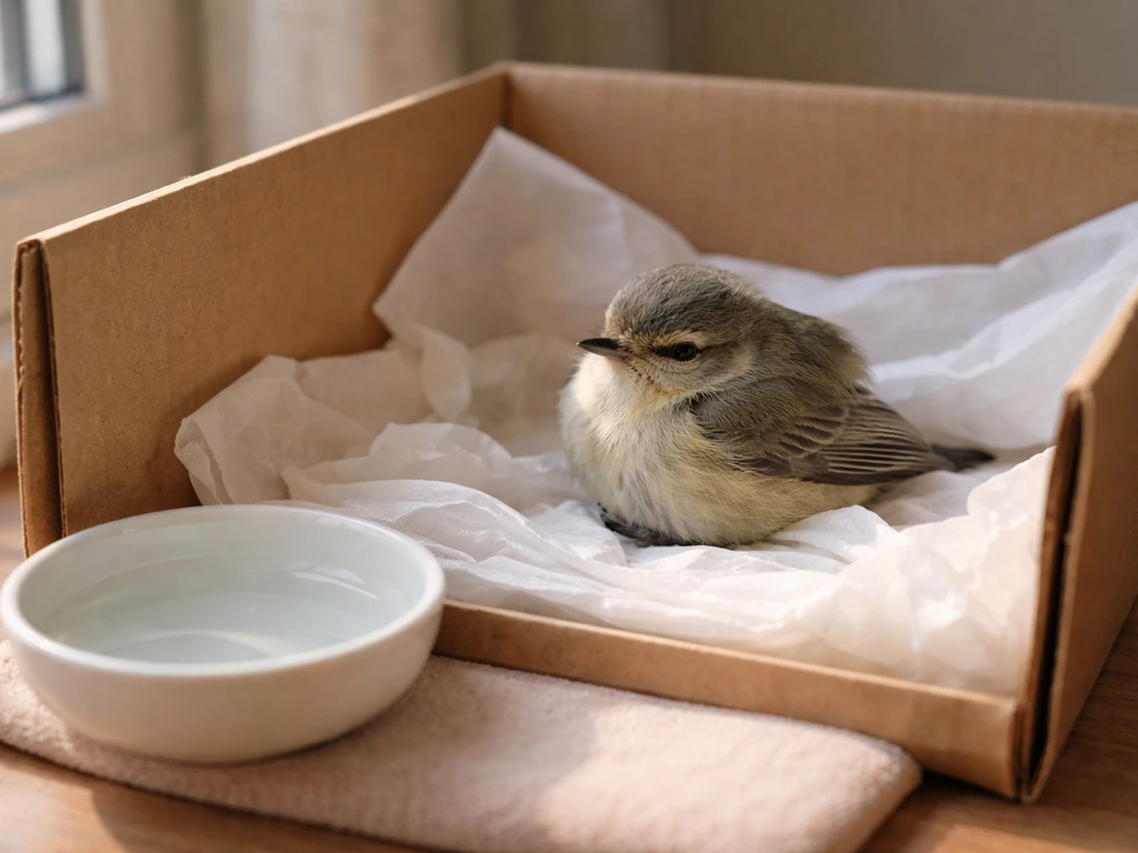 Small wild bird resting in a warm lined recovery box during early at-home first aid