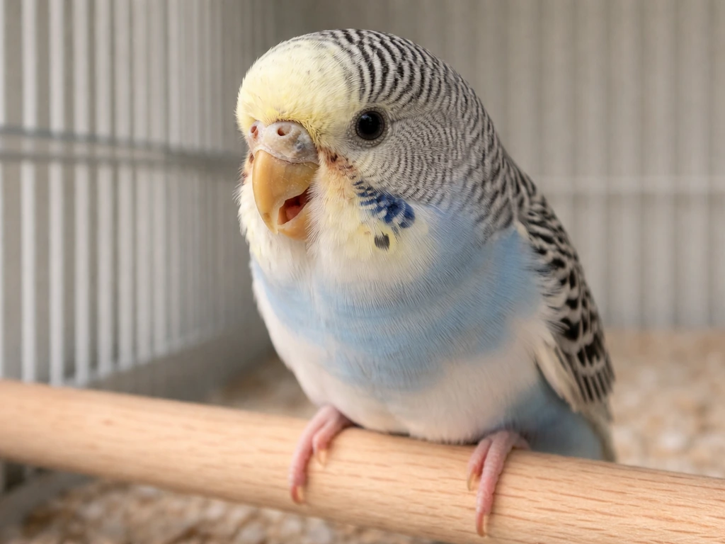Close view of a small bird showing mild sneezing and watery/crusty nasal discharge, with slightly open beak.