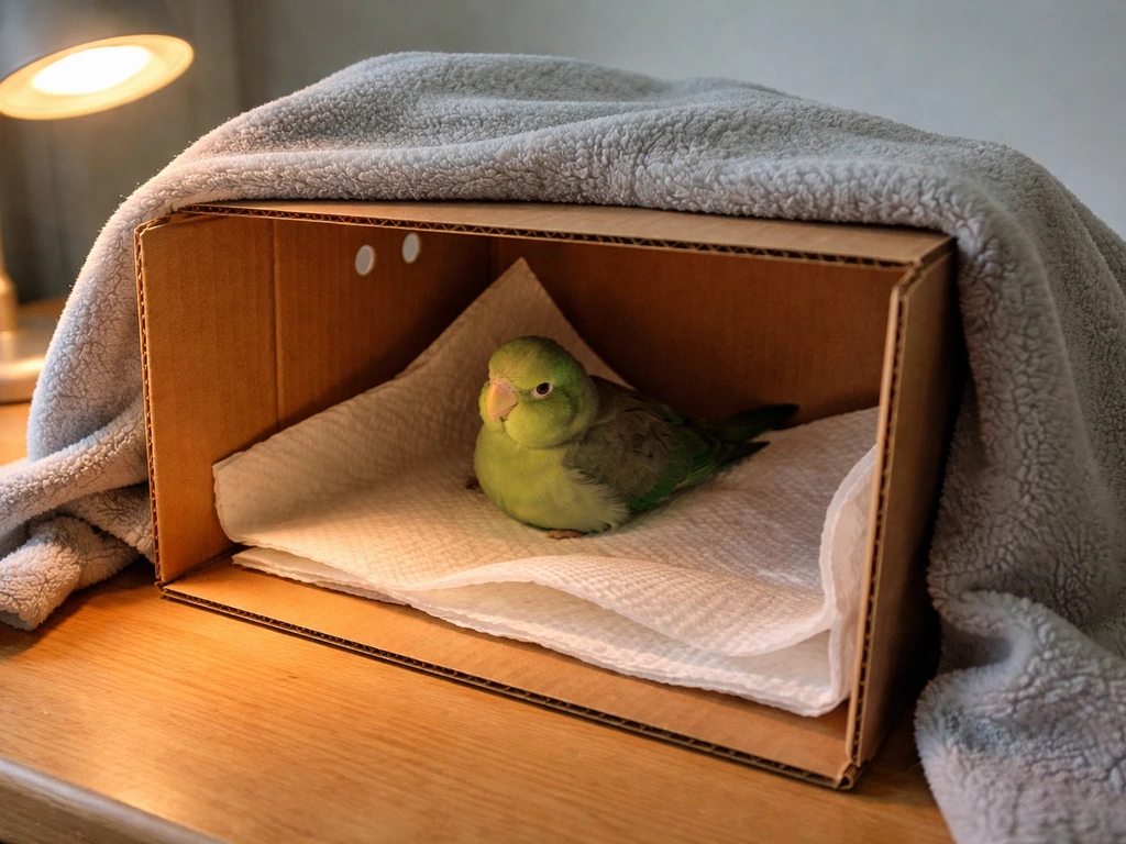Warm recovery carrier for a small bird lined with clean towels, protected from drafts and safely heated.