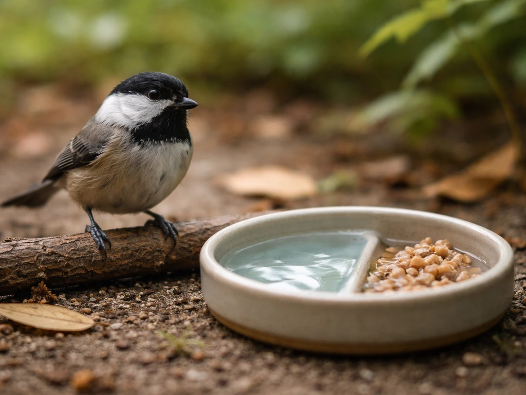 A small bird near a shallow dish with water and soft food in a quiet, safe outdoor setting.