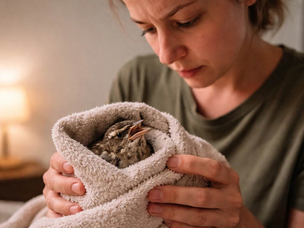 Caregiver holding a small injured bird wrapped in a towel, concerned about abnormal breathing.